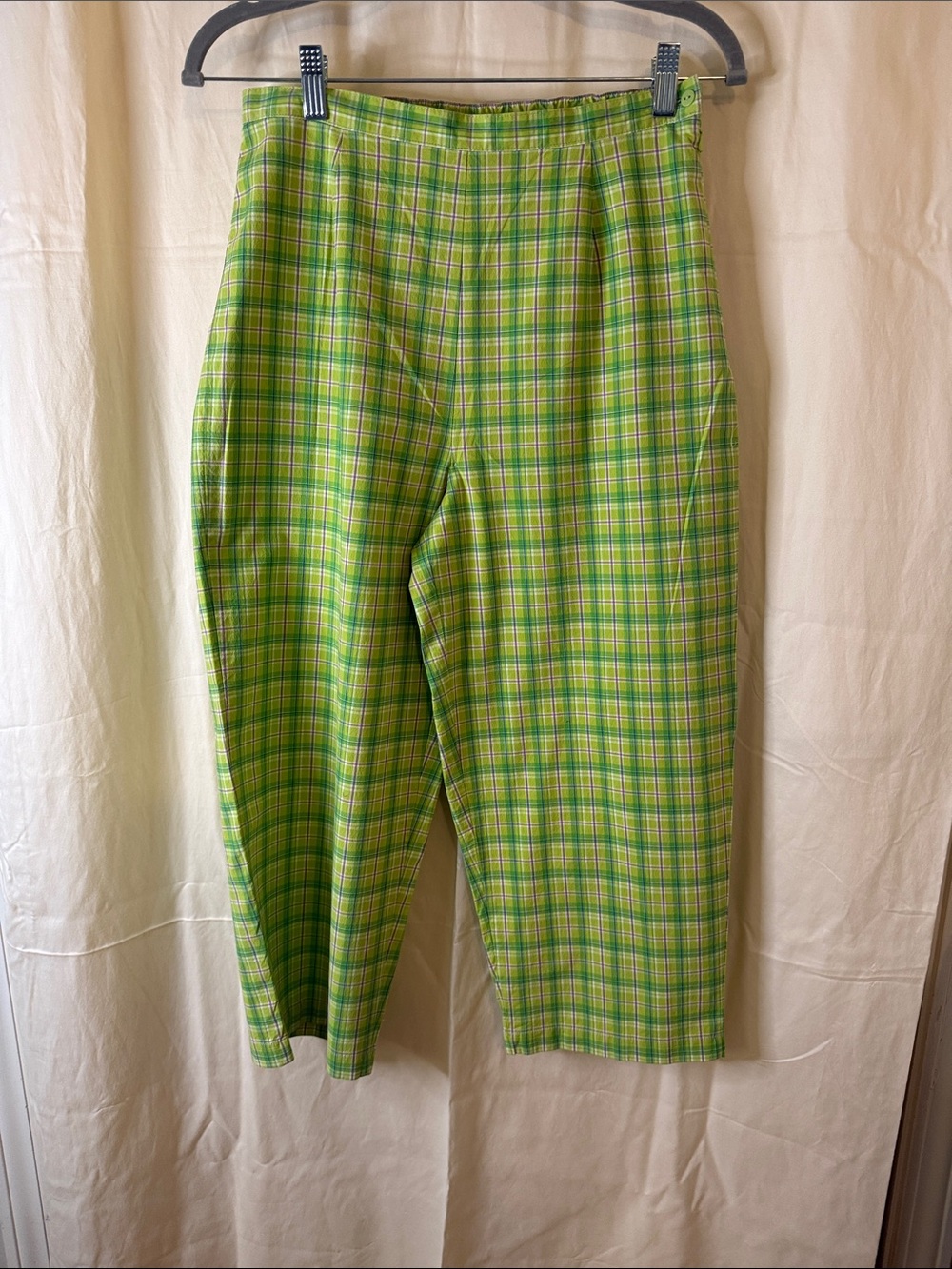 Onque Casuals Lime Green Plaid Elastic Waist Skirt with Violet Trim